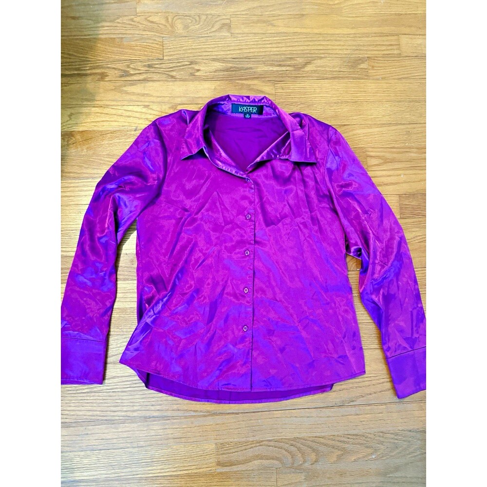Kasper Purple Satin Solid Collared Button-Front Long Sleeve Blouse Size 10